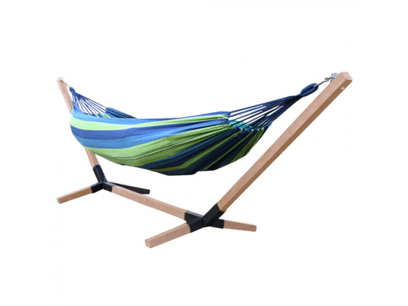 Stelaż drewniany na hamak jasny + hamak, ZESTAW ST DREWNO JASNY+HAMAK 200x85