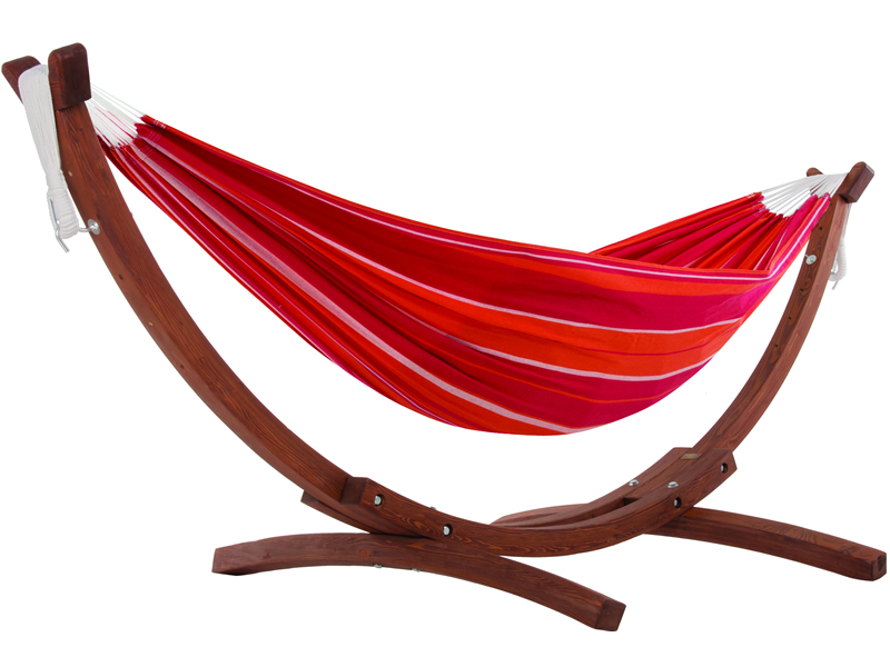 Hamak dwuosobowy + drewniany stojak, C8SPCT, czerwono-pomarańczowy (36)