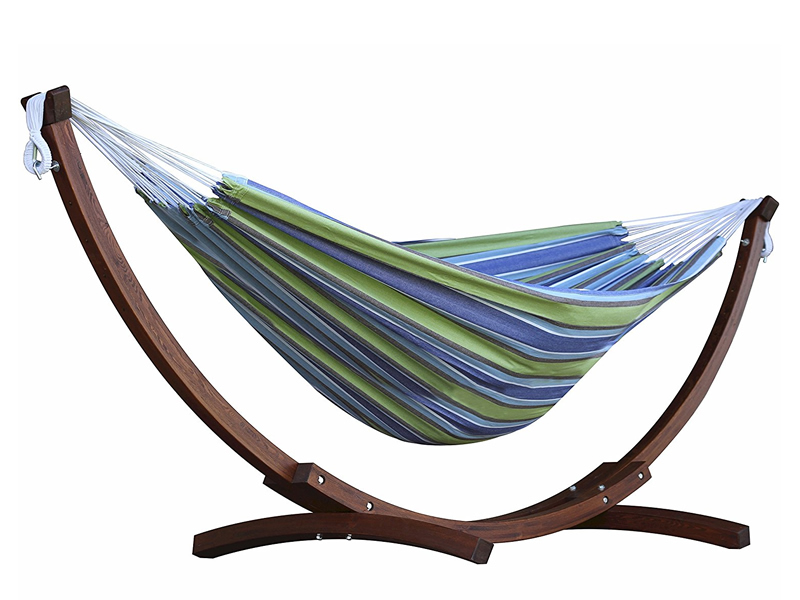 Hamak dwuosobowy + drewniany stojak, C8SPCT, niebiesko-zielony (24)